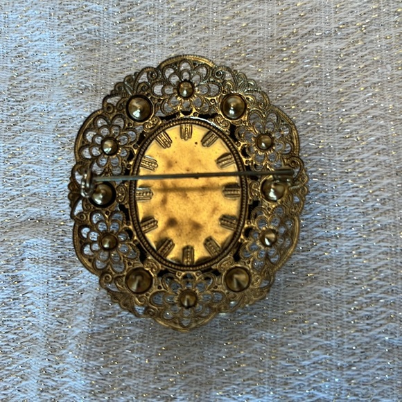 Vintage Hand Painted Gold Tone Brooch / Pin with Pearls and Crystals - Picture 7 of 8